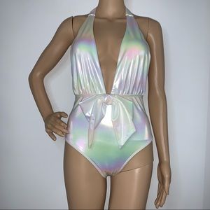 Beach Joy Bikini White Metallic Plunge One Piece Swim